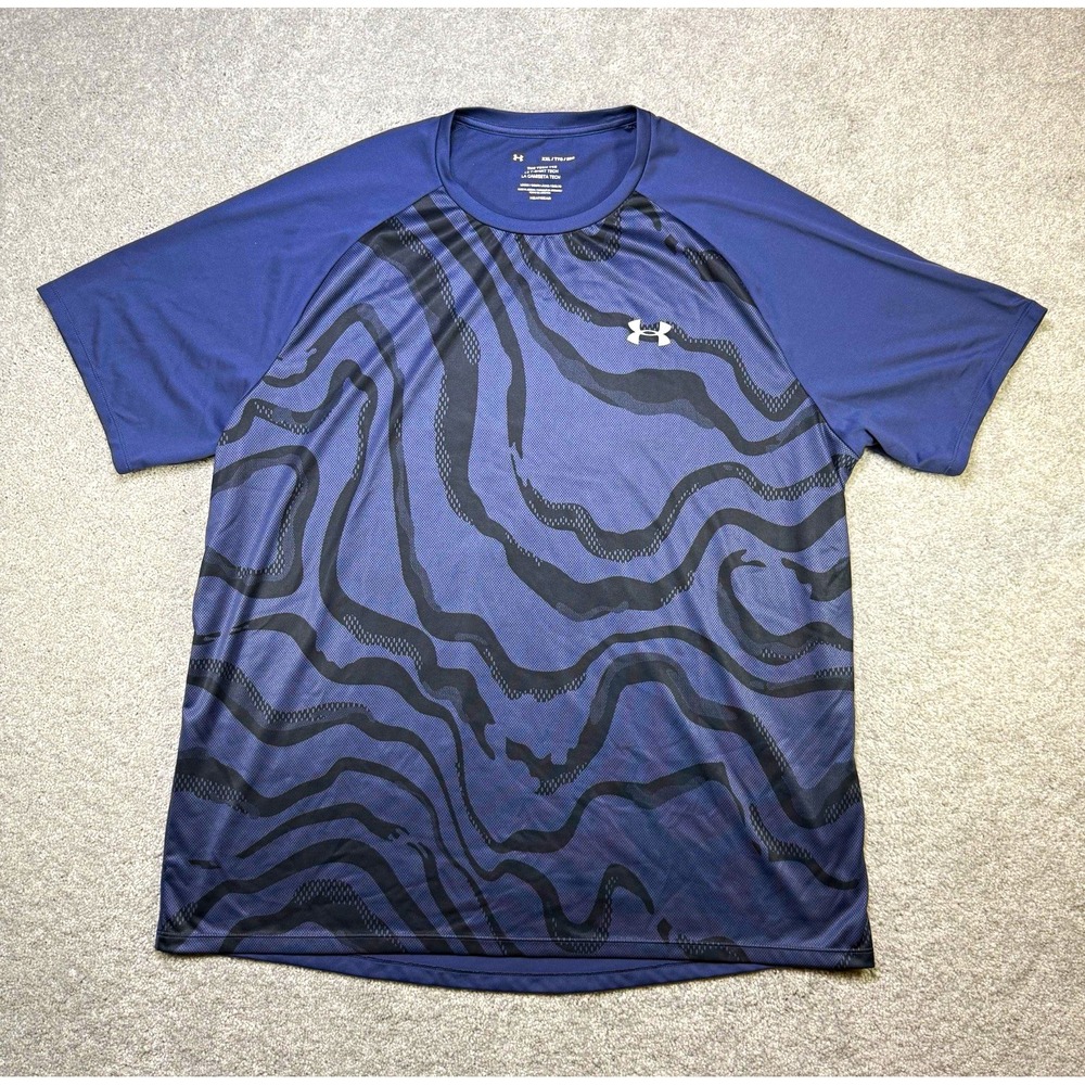 Under Armour Tech Tee Shirt Men XXL Blue Black Graphic Swirl HeatGear Athletic